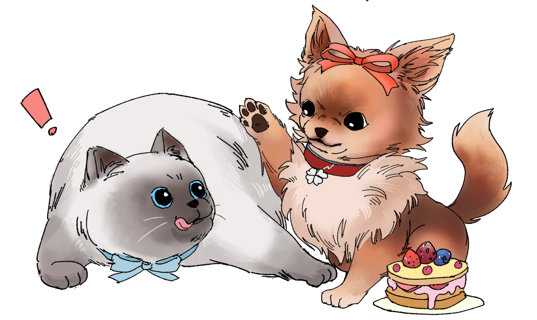 Cookie et Appelpie avec un petit gâteau
